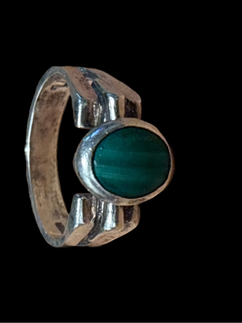 Mid Century Modern Stamped Silver Malachite Ring Size 6 - Picture 2 of 12